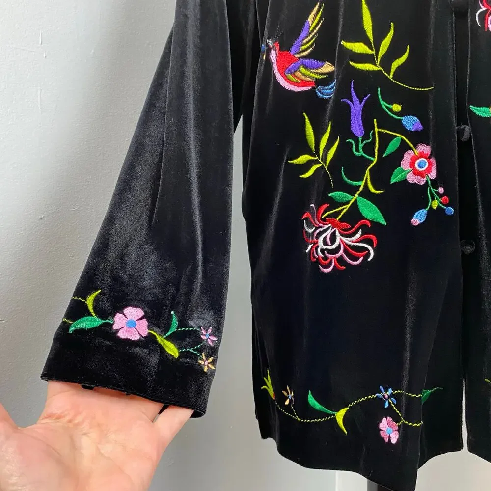 Susan Graver Black Velour Floral Embroidered Button Down Top Kimono Jacket Small - Picture 4 of 10